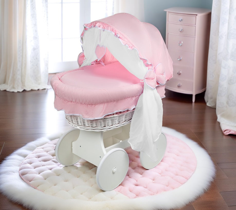 White Wicker Wheels Crib/Baby Moses Basket + Complete Bedding Pink/Cotton
