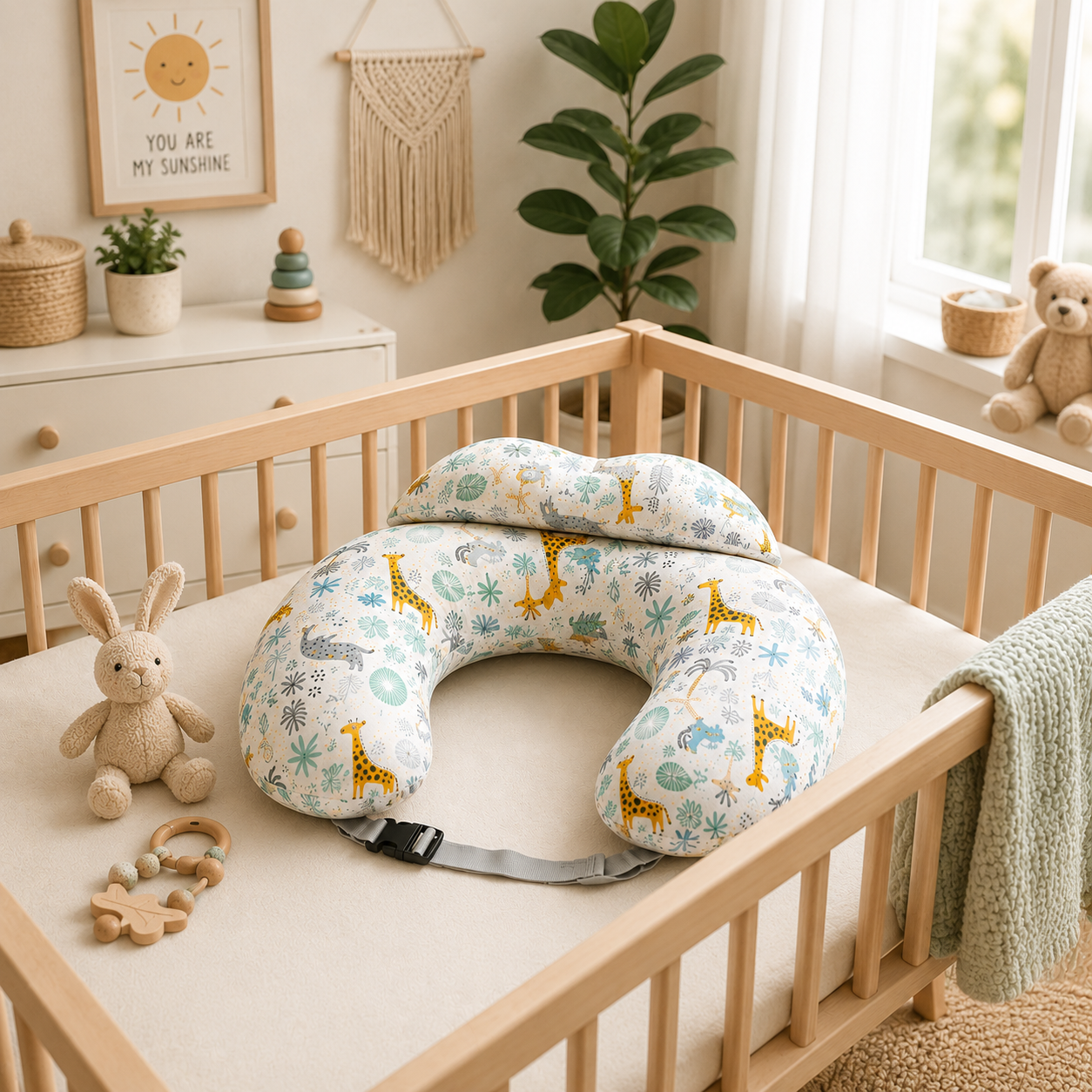 Nursing Pillow with Head Support & Removable Cover Baby Feeding Cushion - Safari