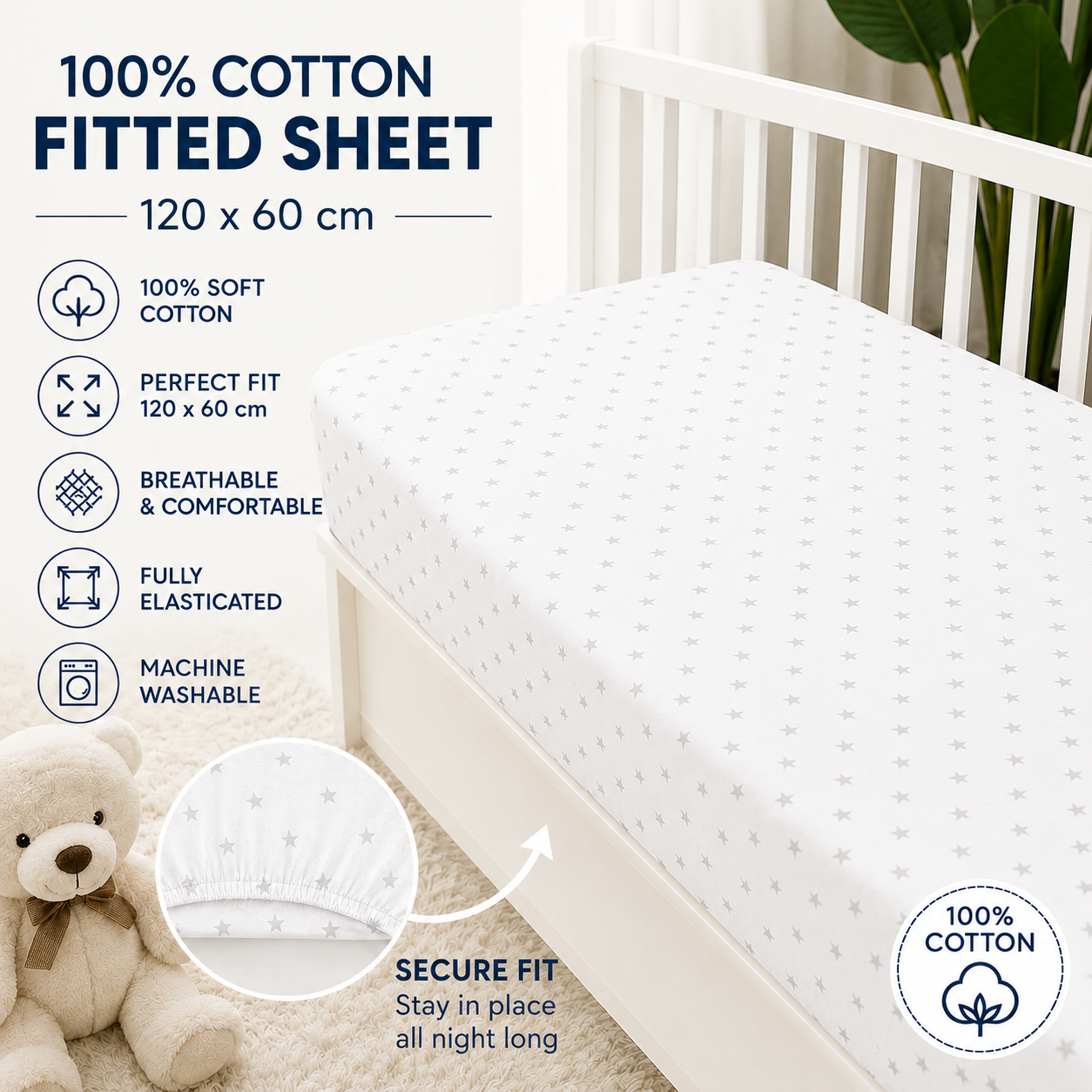 Baby Fitted Cot Sheet Printed Design 100% Cotton Mattress 120X60 cm Small Grey Stars On White - MyHappy Baby