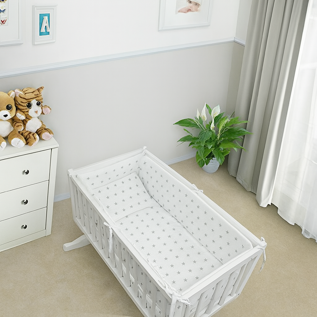 Baby Bedding Set 6pc 70x80cm Fit Crib Bumper Pillow Duvet Sheet - Grey Pink Stars