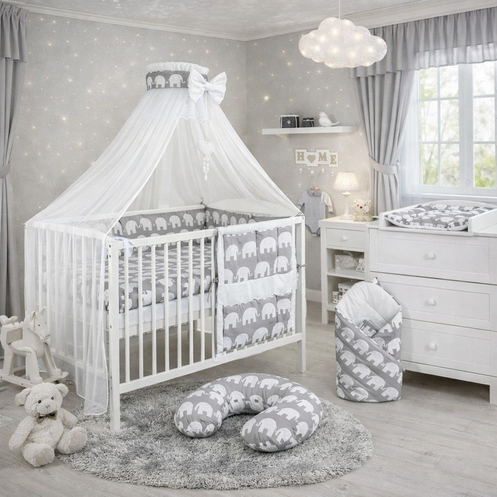 Baby Bedding Set Cotton Nursery 14 Piece To Fit Cot 120x60cm Elephants Grey