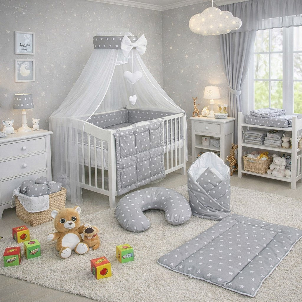 Baby bedding set Cotton Nursery 14pc to Fit Cot 120x60cm Small white stars on grey