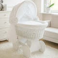 White Wicker Wheels Crib / Baby Moses Basket – Grey Stars on White Dimple