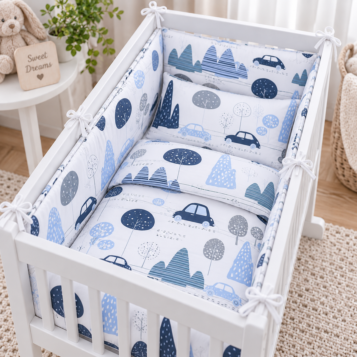 Baby Bedding Set 5pc Nursery Cotton Pillow Duvet Bumper 70x80cm Retro Cars