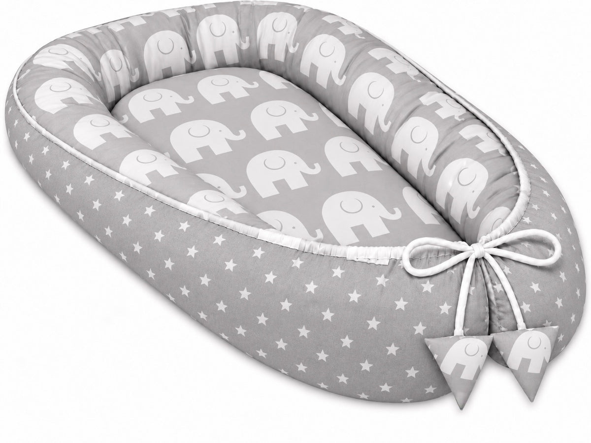 Baby Cocoon Nest Double-Sided Reversible Baby Lounger with Removable Insert Elephants grey/Small stars
