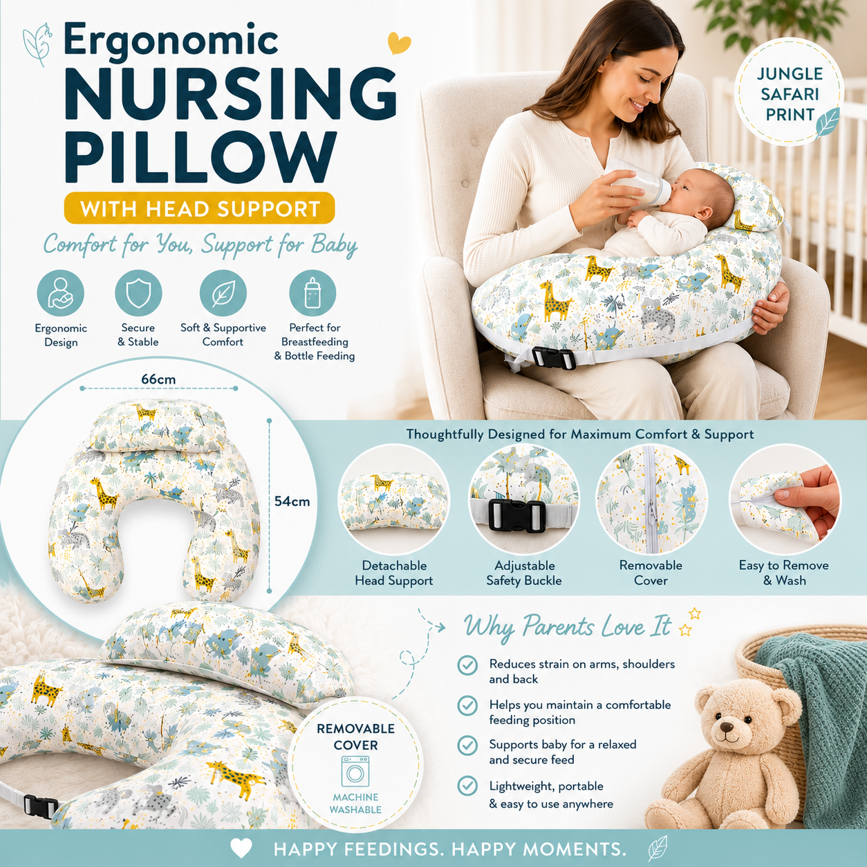 Nursing Pillow with Head Support & Removable Cover Baby Feeding Cushion - Safari