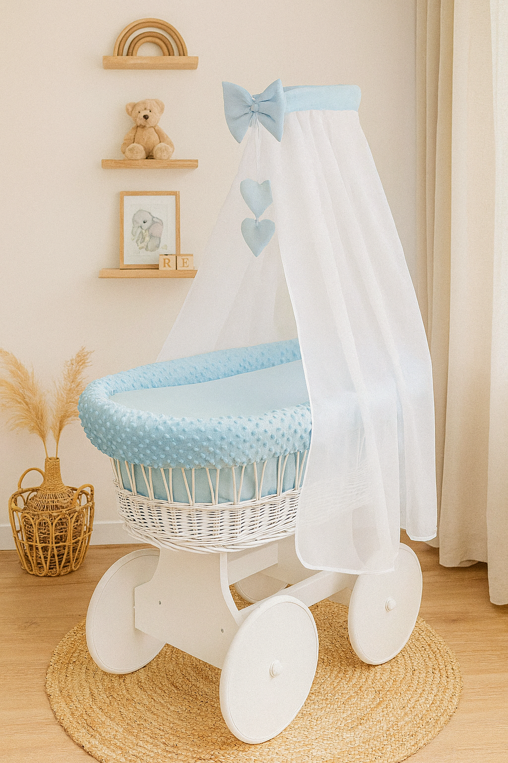 White Wicker Baby Moses Basket with Wheels Blue