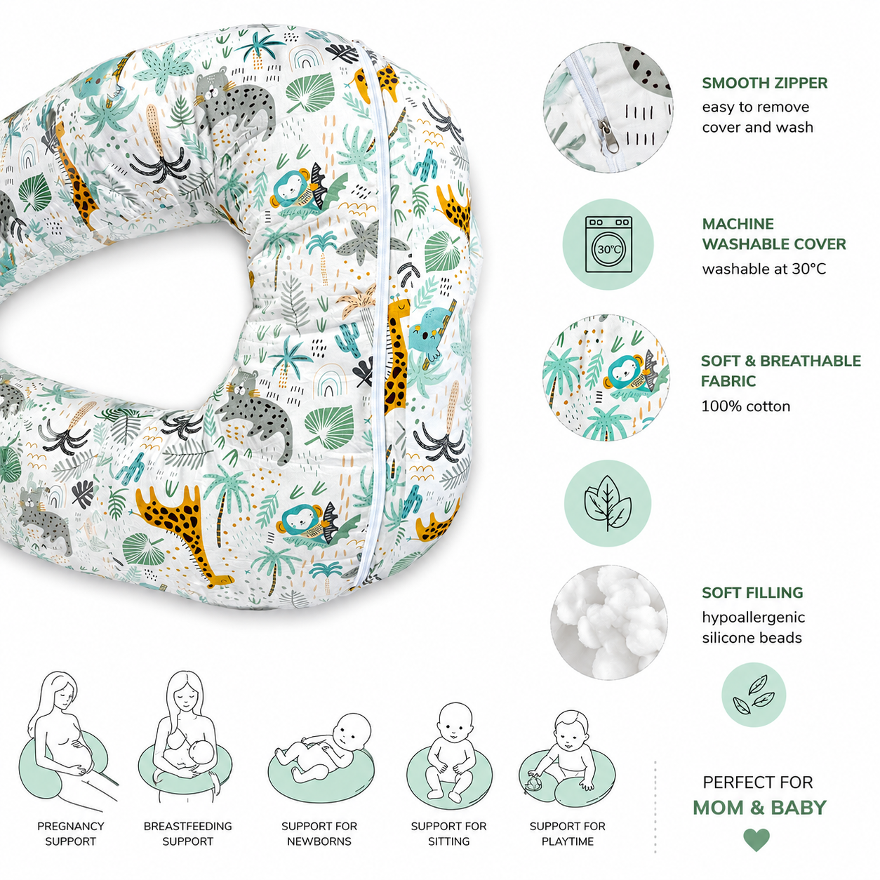 Nursing Pillow with Head Support & Removable Cover Baby Feeding Cushion - Safari
