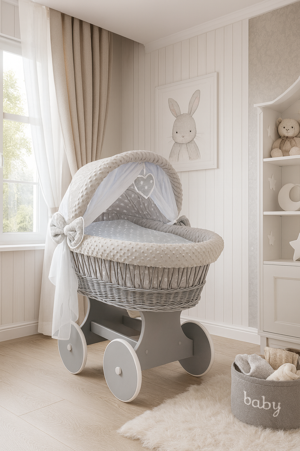 Grey Wicker Baby Moses Basket + White Stars Bedding
