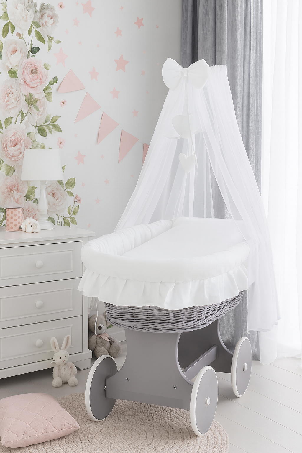 Grey Wicker Wheels Moses Basket Baby+Full Bedding Set White Cotton