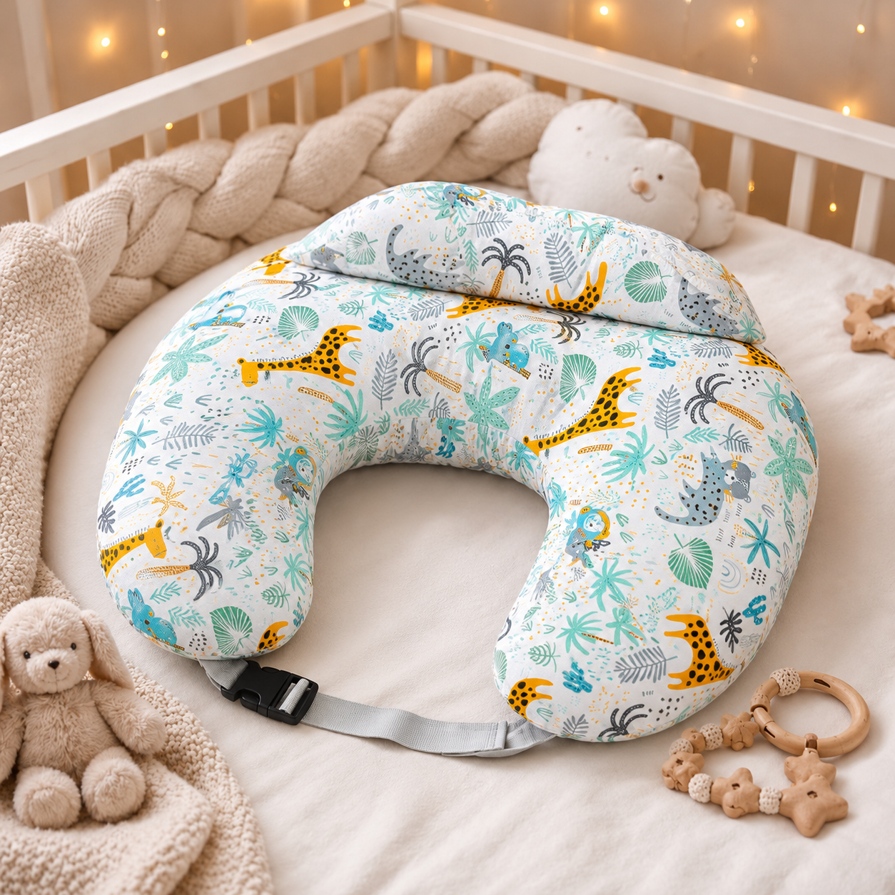 Nursing Pillow with Head Support & Removable Cover Baby Feeding Cushion - Safari