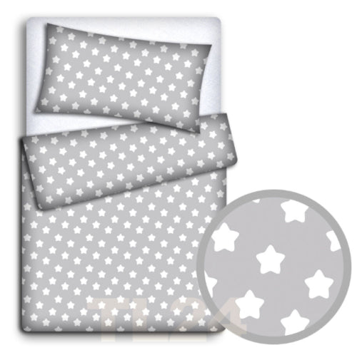 Baby Bedding Set 3pc fit Crib 70x80cm Bumper 260cm Cotton Big White Stars With Grey
