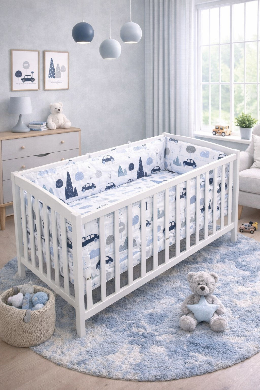 3Pc Baby Bedding Set Bumper All-round Pillowcase Duvet Cover Fit Cot 120x60cm Retro Cars