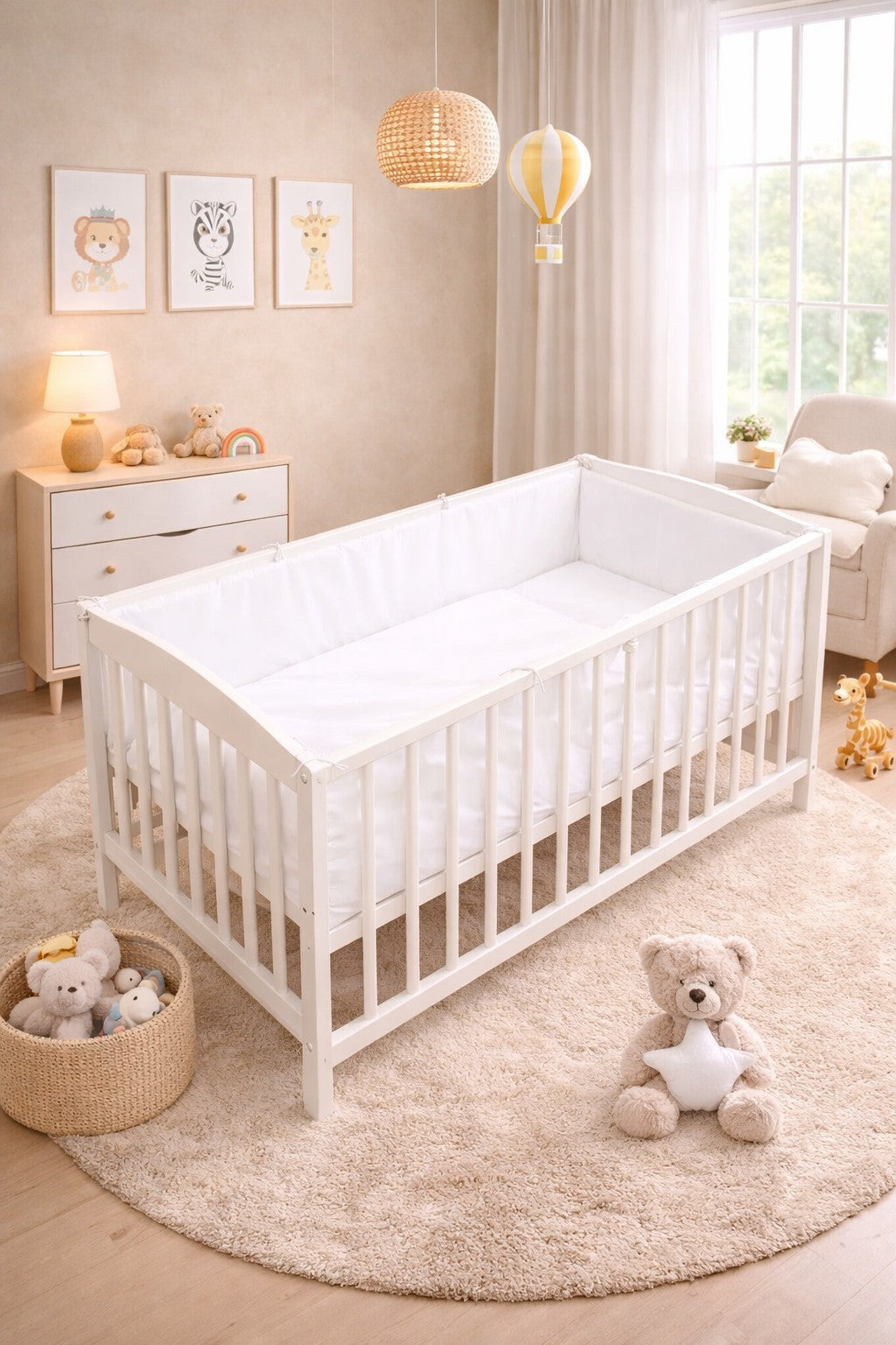Baby Bedding Set 120x60cm 6pc All-round Bumper Fit Cot 100% Cotton White