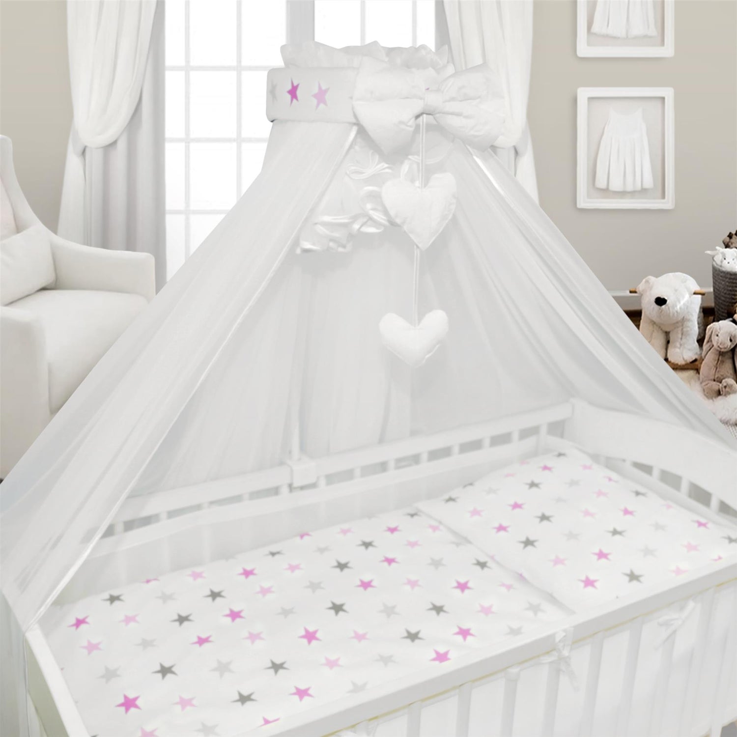 Baby Cot Bedding Set 9pc Fit Cot 120x60cm Pink Grey Stars