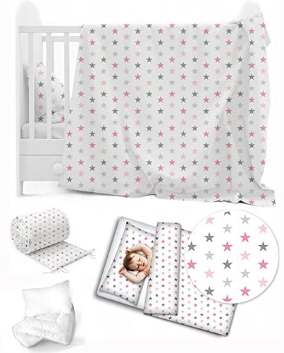 6Pc Baby Bedding Set Bumper Pillow Duvet Fit Cot 120x60cm Grey Pink Stars