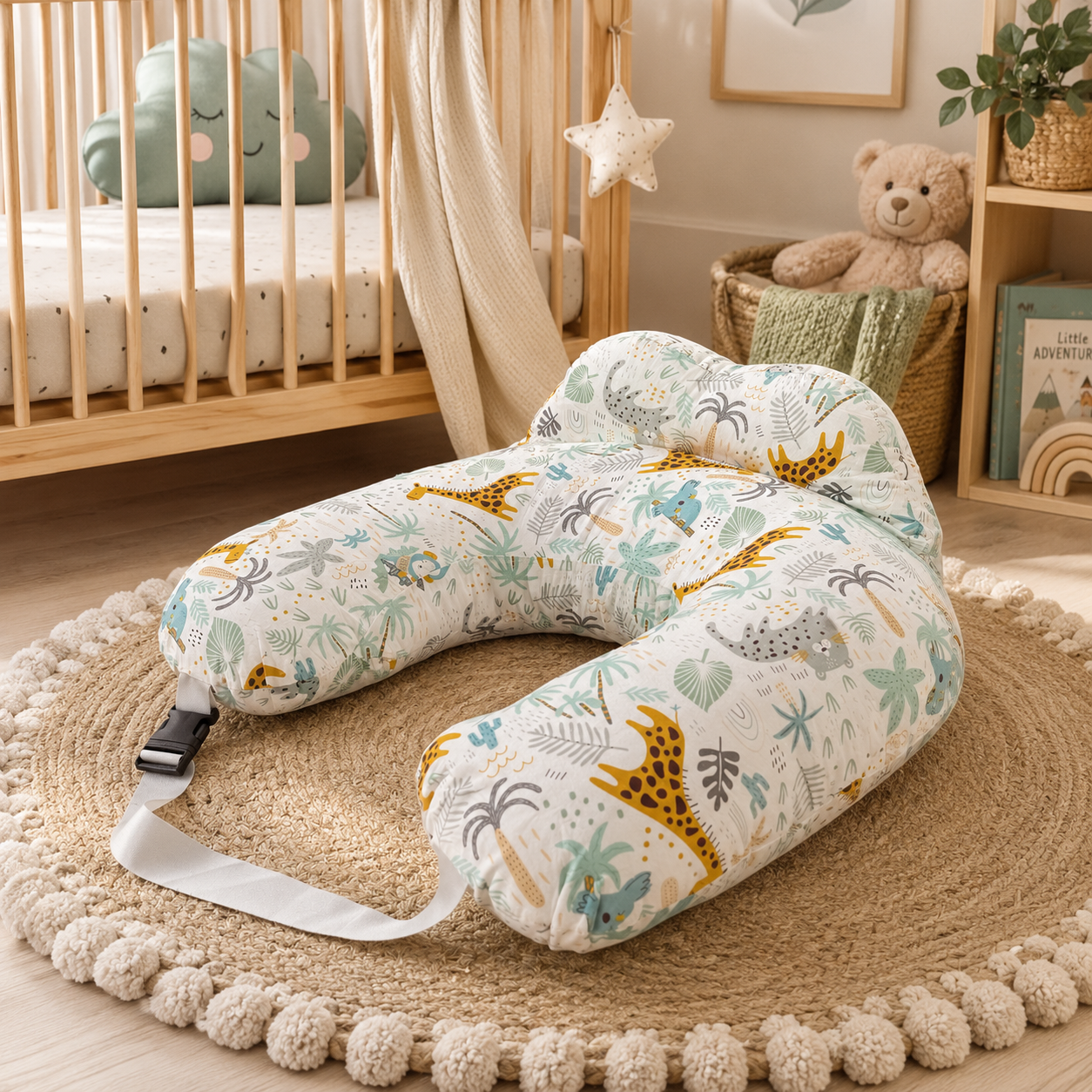 Nursing Pillow with Head Support & Removable Cover Baby Feeding Cushion - Safari