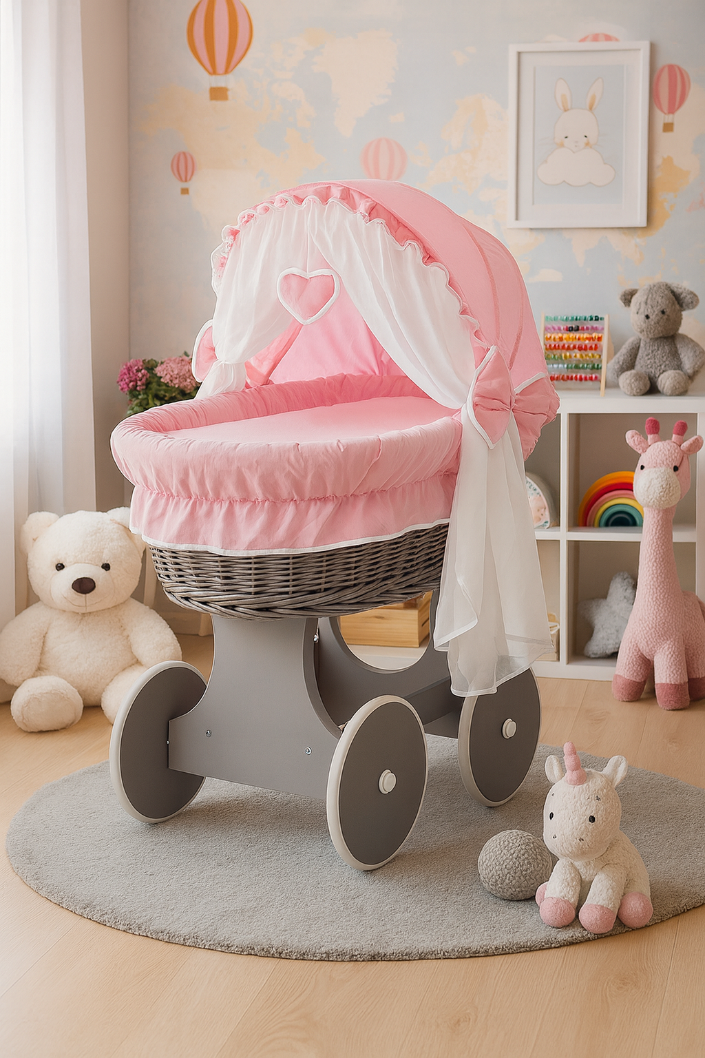 Grey Wicker Wheels Crib/Baby Moses Basket & Complete Bedding Pink - 100% Cotton - MyHappy Baby