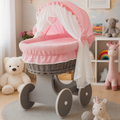 Grey Wicker Wheels Crib/Baby Moses Basket & Complete Bedding Pink - 100% Cotton