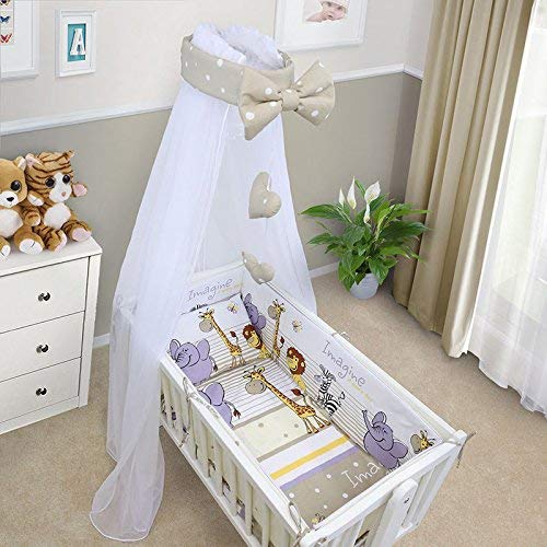 Baby Cot Bedding Set - 10 Piece Including Duvet and Canopy to Fit 90x40cm Crib Safari Beige - 100% Cotton