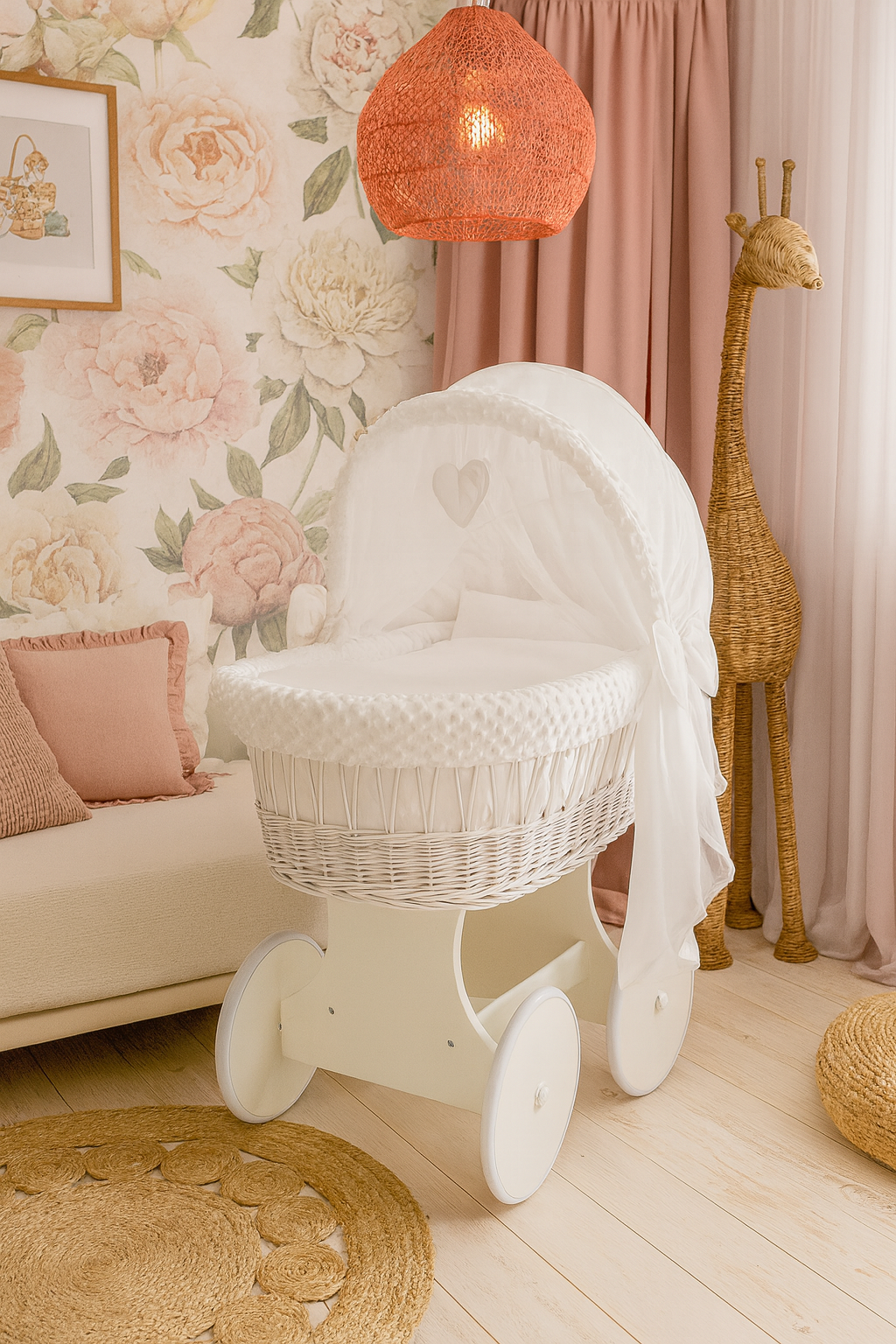 White Wicker Wheels Crib/Baby Moses Basket + Complete Bedding White/Dimple - MyHappy Baby