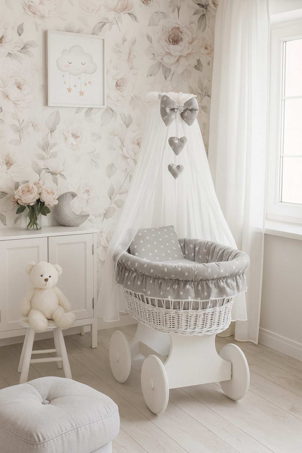 White Wicker Moses Basket with Wheels Baby+full Bedding Set Small white stars on grey
