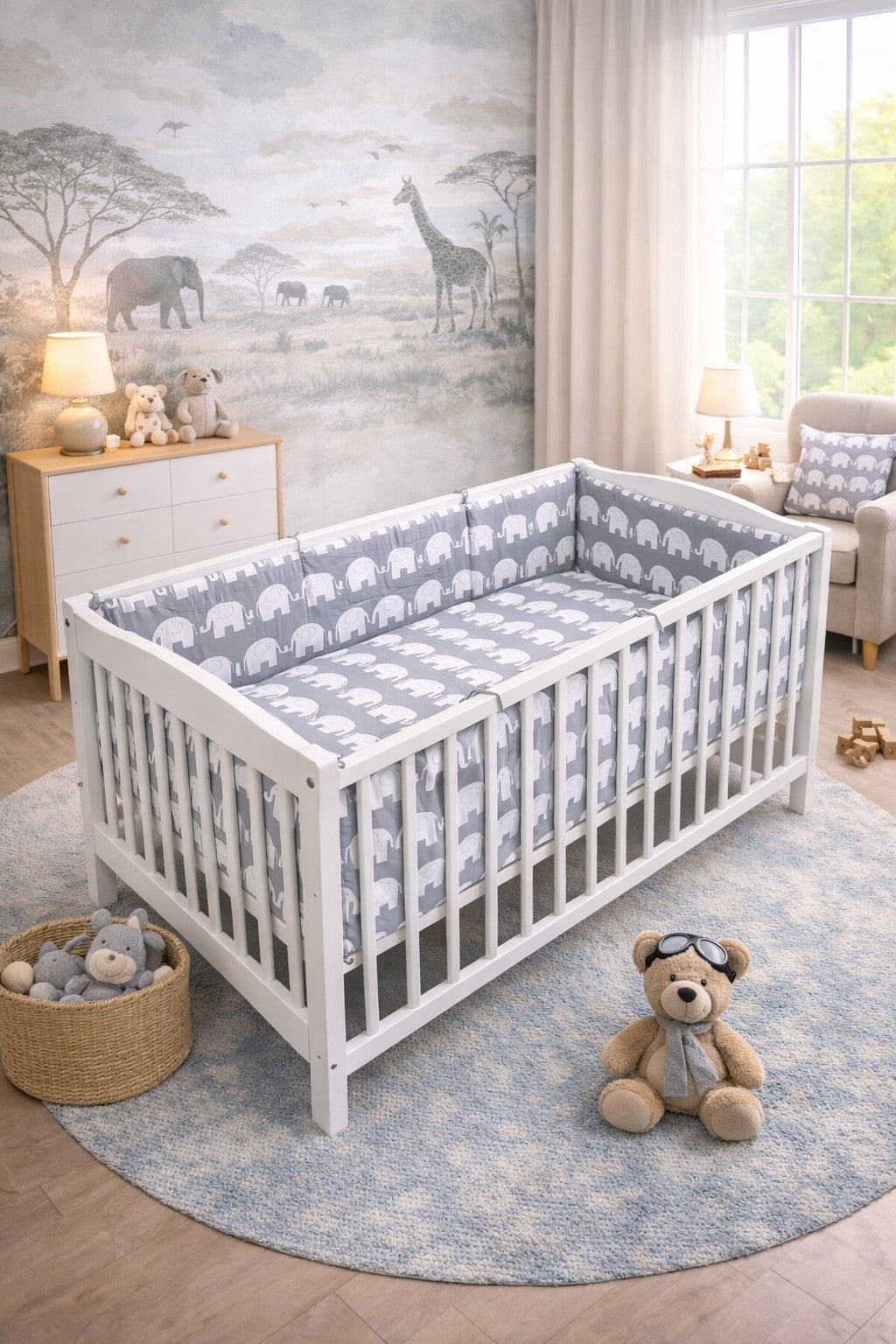 5Pc Baby Bedding Set ALL-ROUND Duvet Fit Cot 120x60cm Elephants Grey