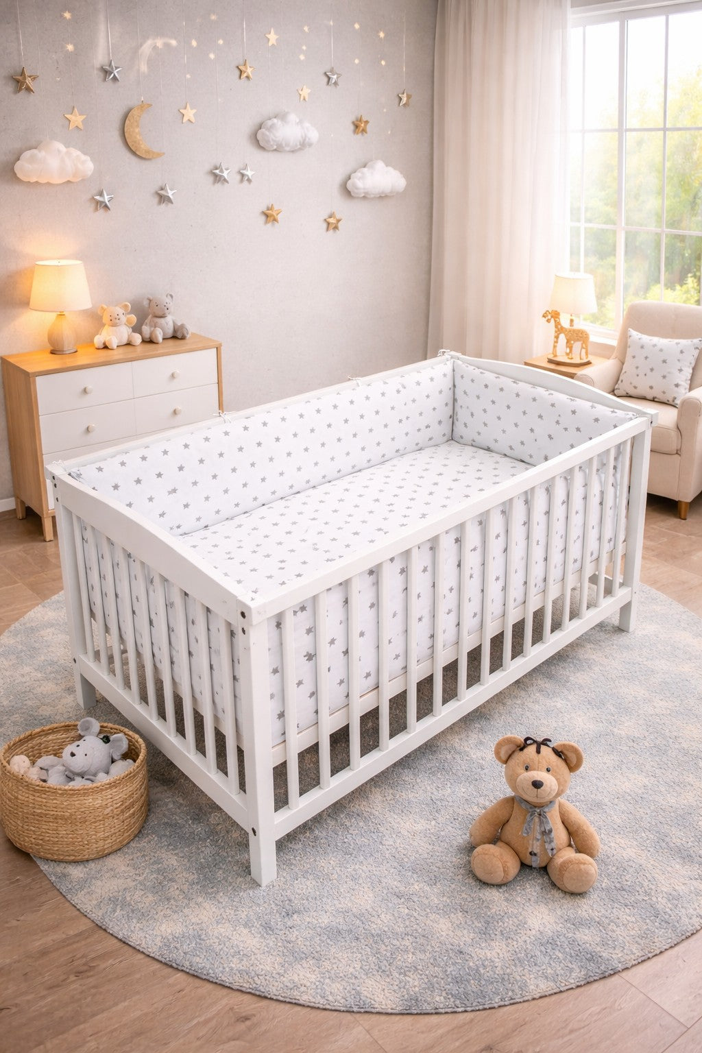 Baby Bedding Set 5pc 140x70cm All-round Bumper Fit Cot bed 100% Cotton Small Grey On White