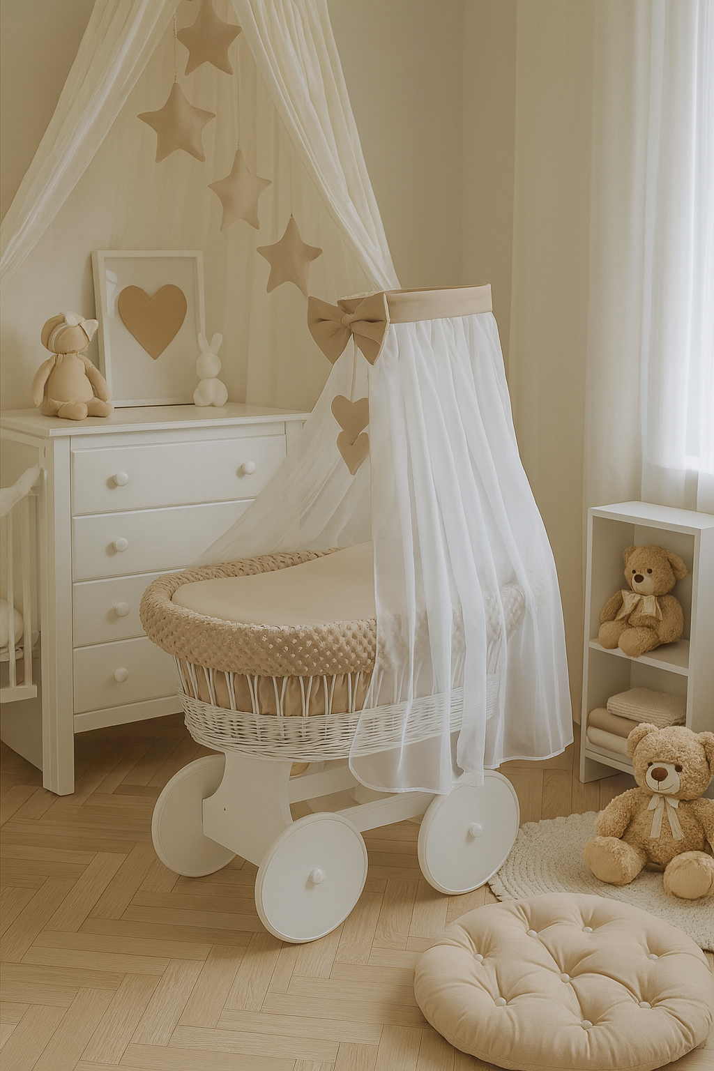 White Wicker Wheels Baby Moses Basket Beige
