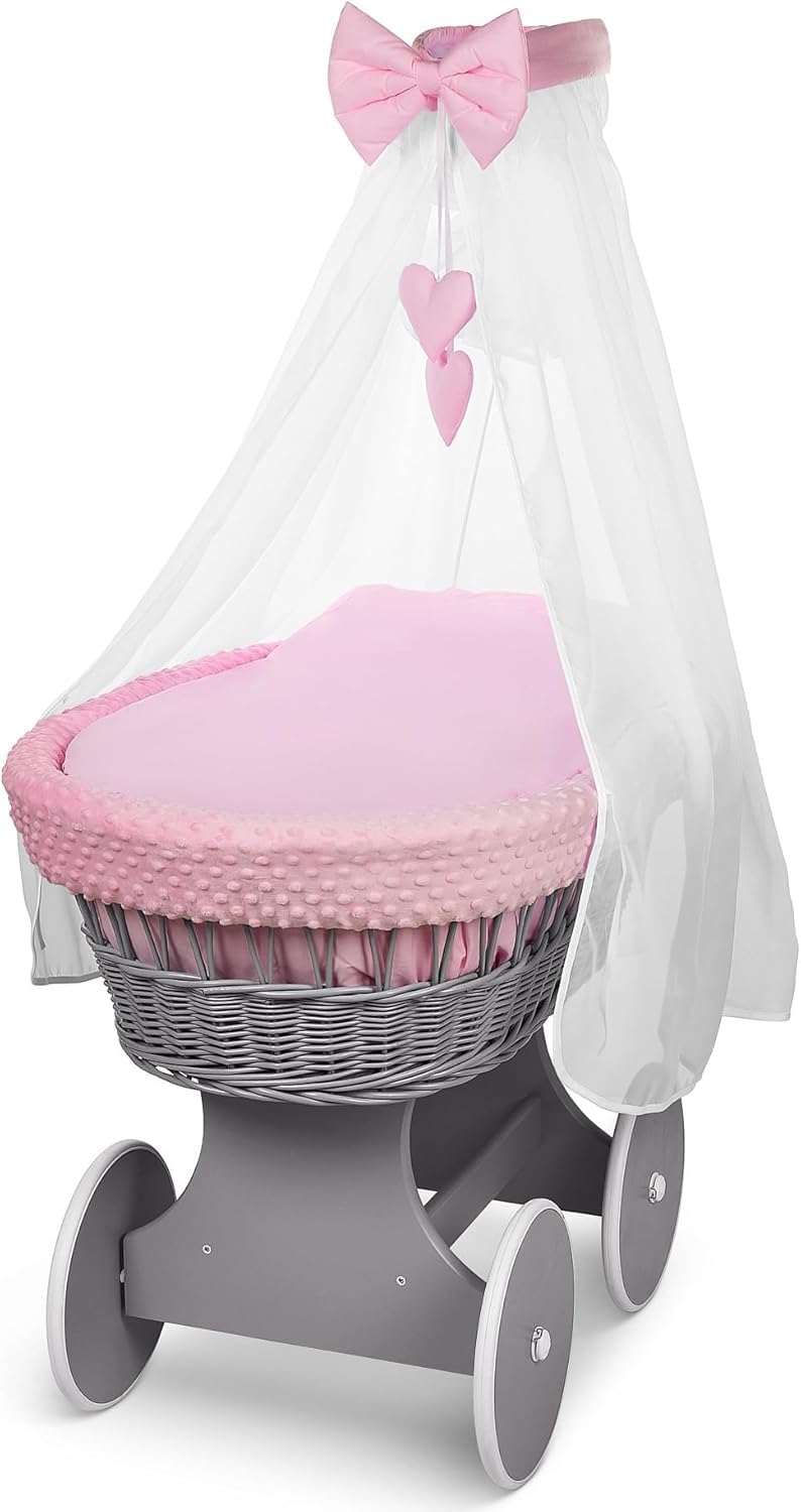 Full Bedding Set With Canopy To Fit Wicker Moses Basket Pink - MyHappy Baby