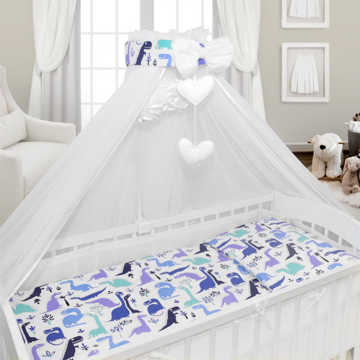 BABYMAM Canopy Mosquito Drape Dressing Net Holder Nursery to Fit Cot Bed Dinosaurs