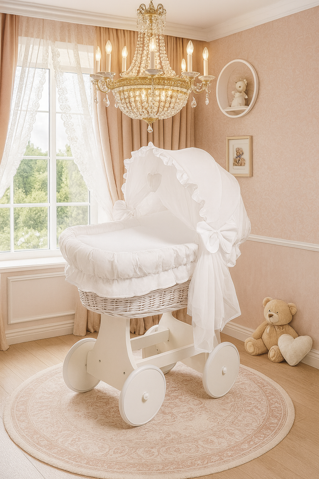 White Wicker Wheels Crib/Baby Moses Basket + Complete Bedding White/Cotton - MyHappy Baby
