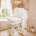 White Wicker Wheels Crib/Baby Moses Basket + Complete Bedding White/Cotton