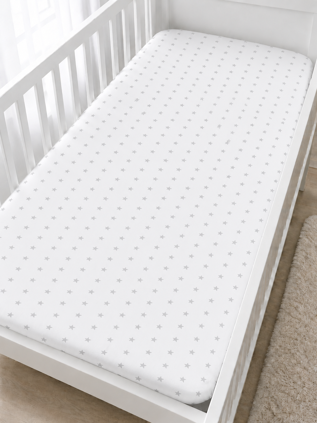 Baby Fitted Cot Sheet Printed Design 100% Cotton Mattress 120X60 cm Small Grey Stars On White - MyHappy Baby