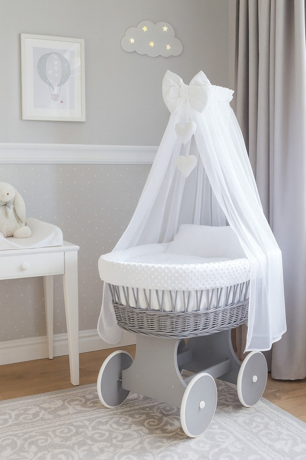Grey Wicker Wheels Moses Basket Baby+Full Bedding Set White dimple