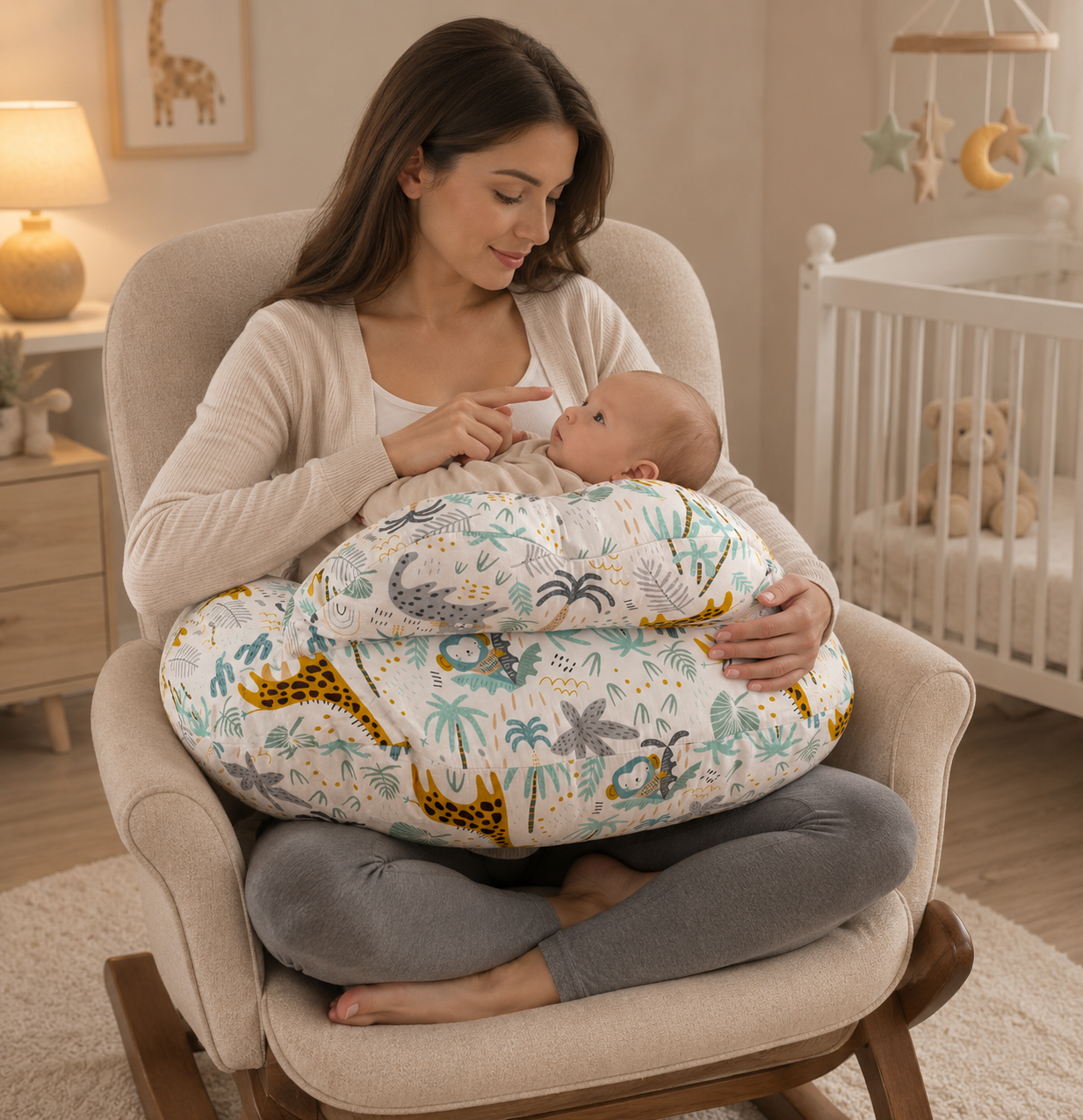 Nursing Pillow with Head Support & Removable Cover Baby Feeding Cushion - Safari
