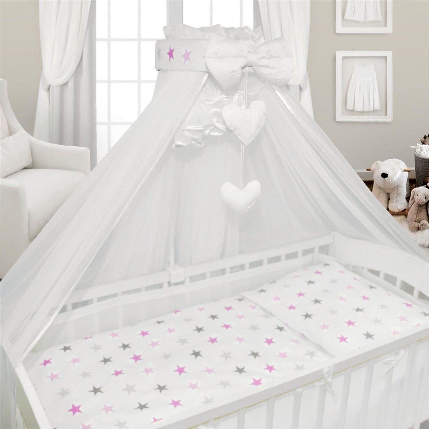 BABYMAM Canopy Mosquito Drape Dressing Net Holder Nursery to Fit Cot Bed Grey Pink Stars