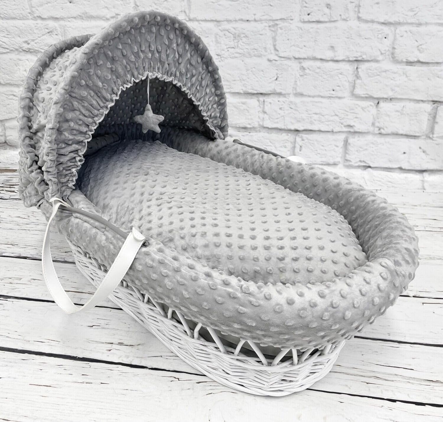 Luxury Moses Basket Padded White Wicker Baby Full Set - Grey