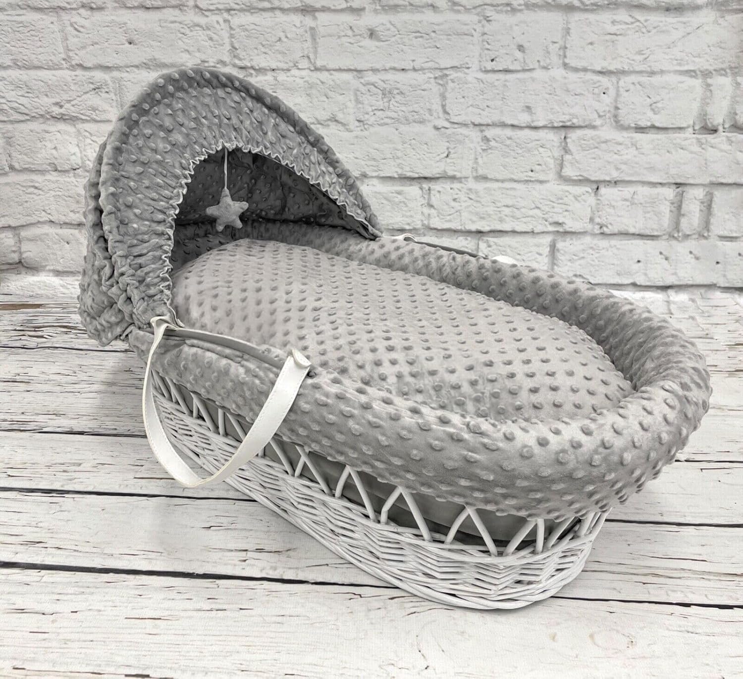 Luxury Moses Basket Padded White Wicker Baby Full Set - Grey