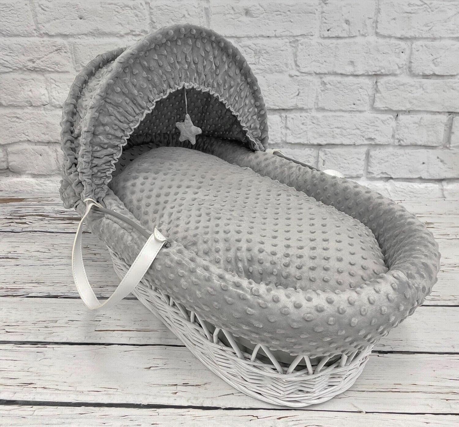 Luxury Moses Basket Padded White Wicker Baby Full Set - Grey