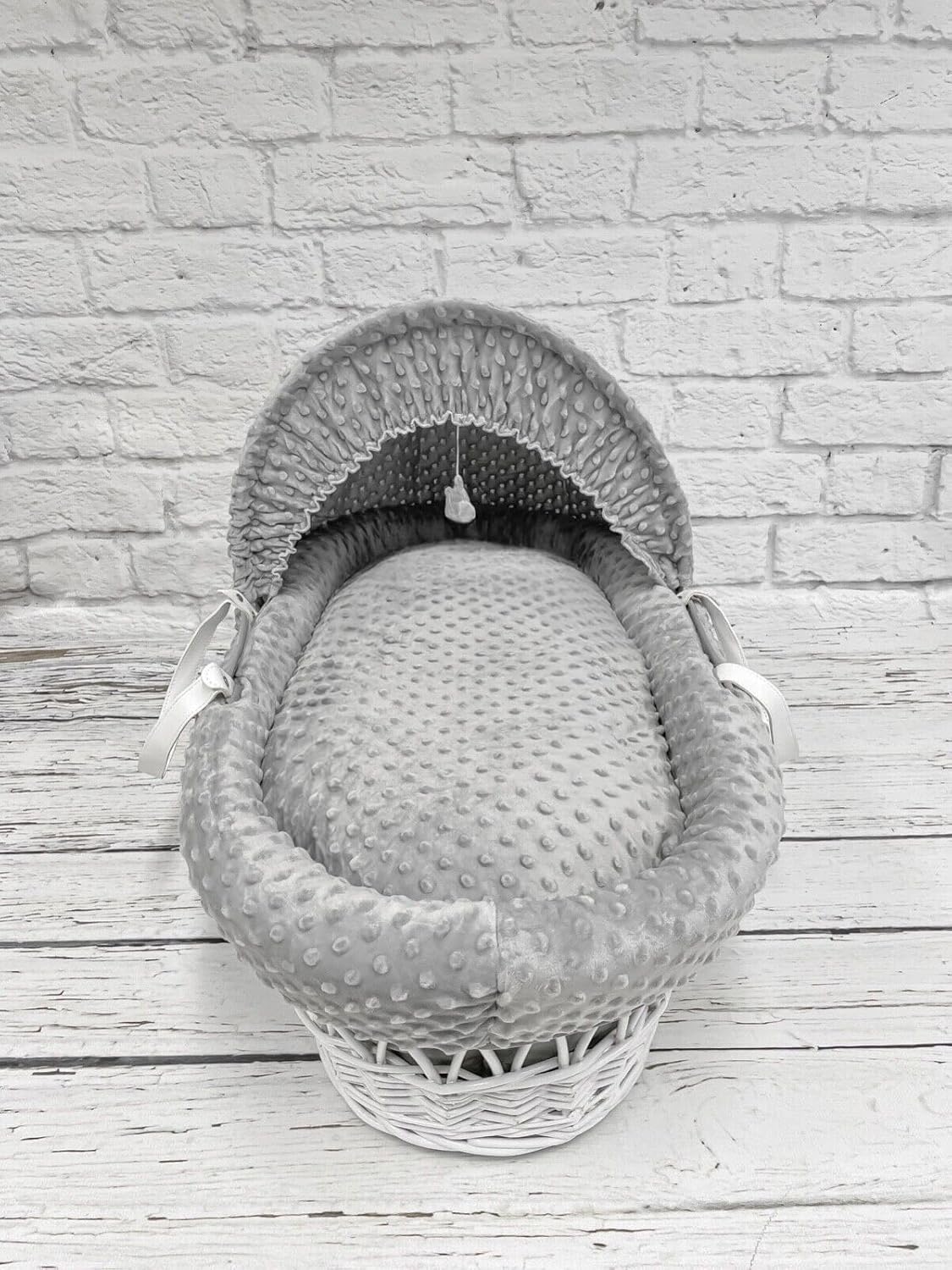 Luxury Moses Basket Padded White Wicker Baby Full Set - Grey