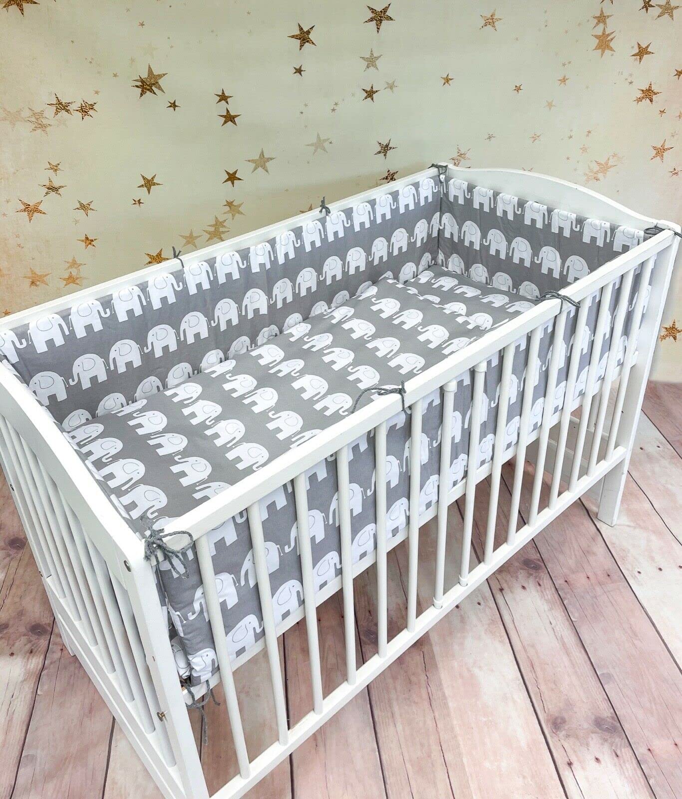 Baby 3Pc Bedding Set All-round Straight Bumper Fit Cot 120X60cm Elephants Grey
