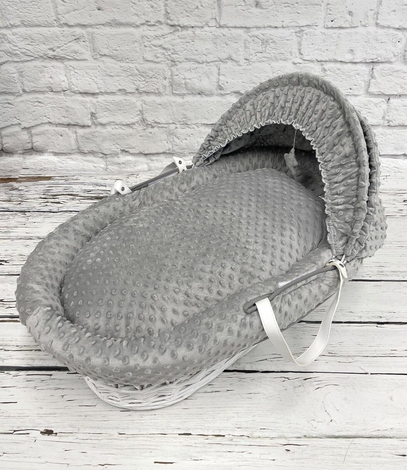 Luxury Moses Basket Padded White Wicker Baby Full Set - Grey