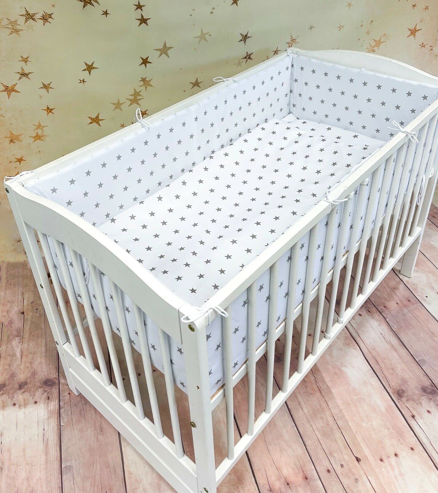 Baby Bedding Set 5pc 140x70cm All-round Bumper Fit Cot bed 100% Cotton Small Grey On White