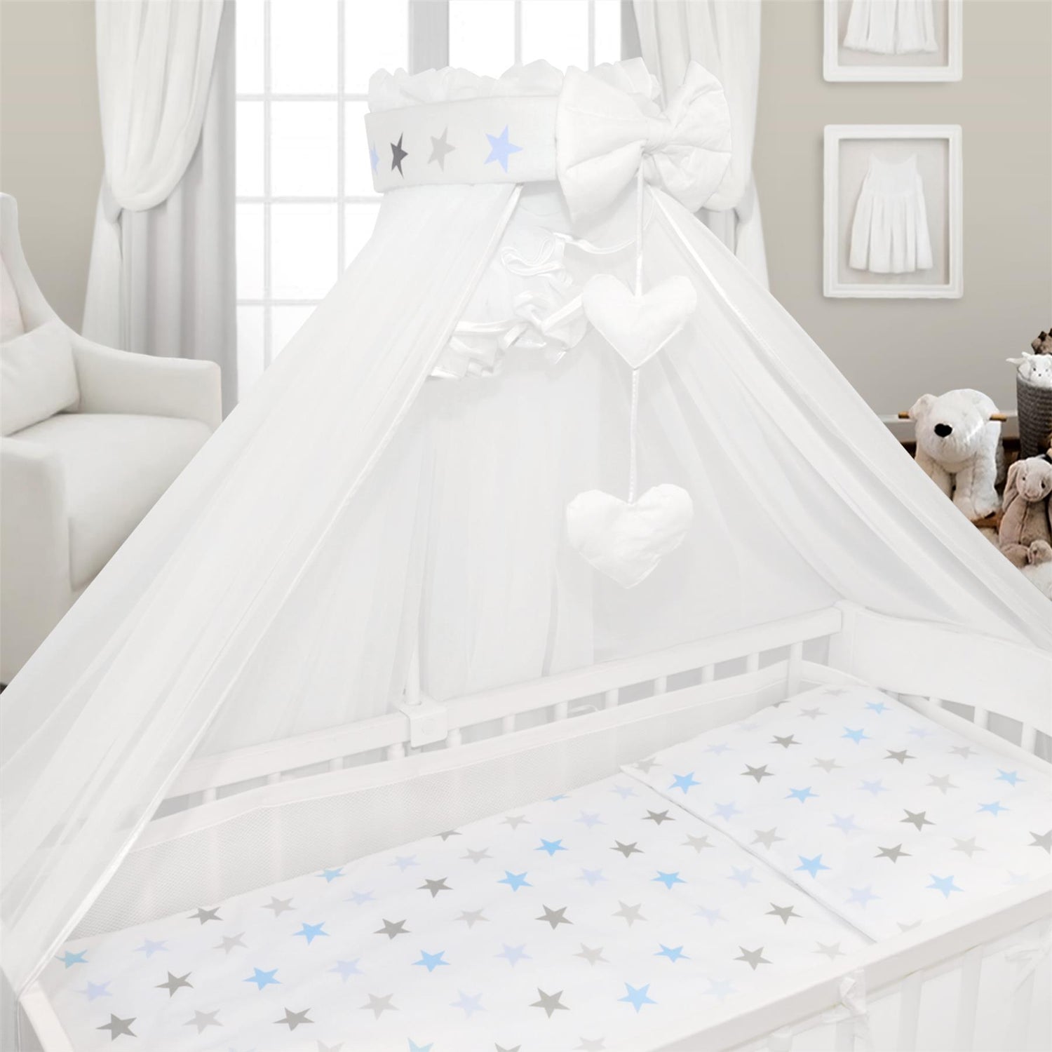 BABYMAM Canopy Mosquito Drape Dressing Net Holder Nursery to Fit Cot Bed Grey Blue Stars