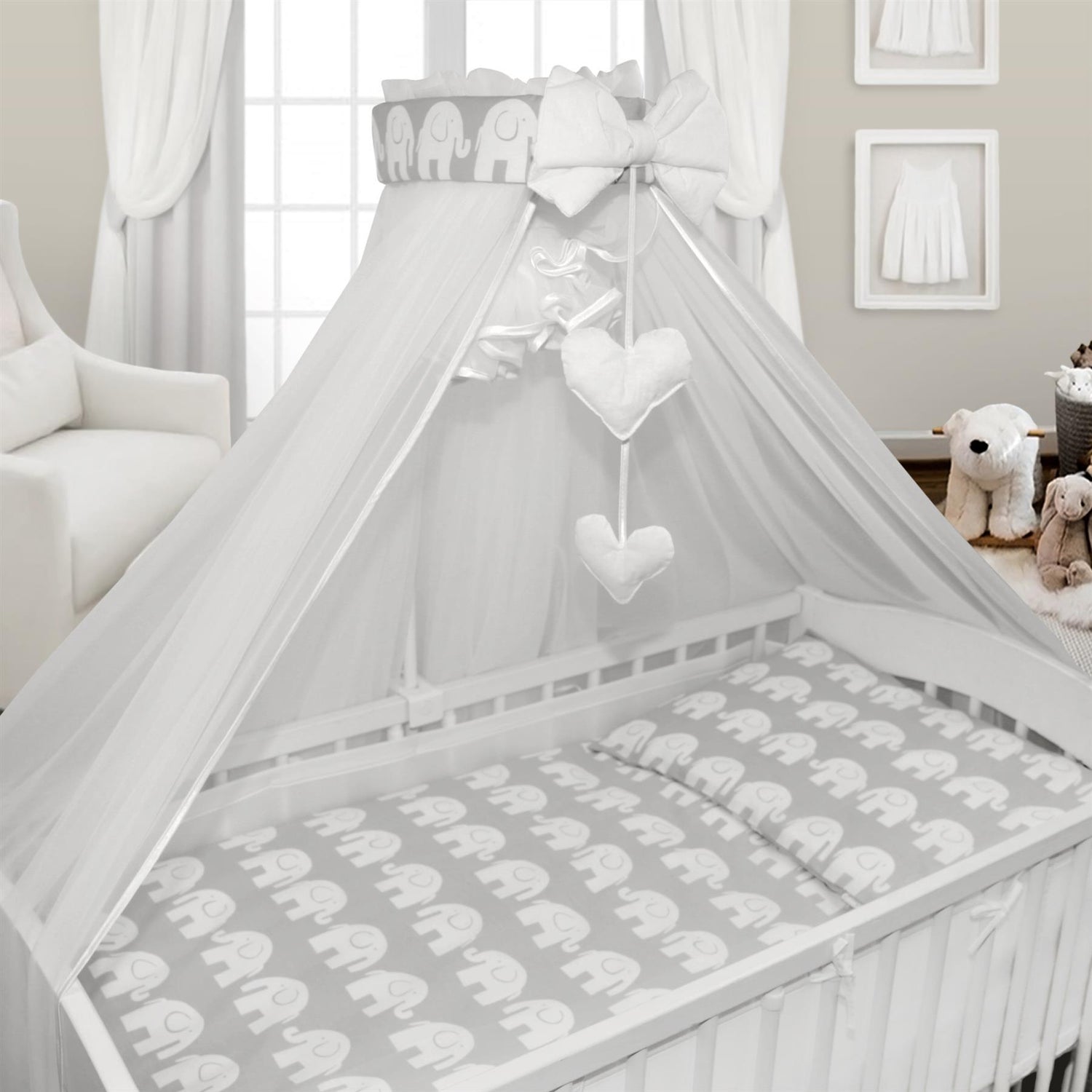 BABYMAM Canopy Mosquito Drape Dressing Net Holder Nursery to Fit Cot Bed Elephants on grey