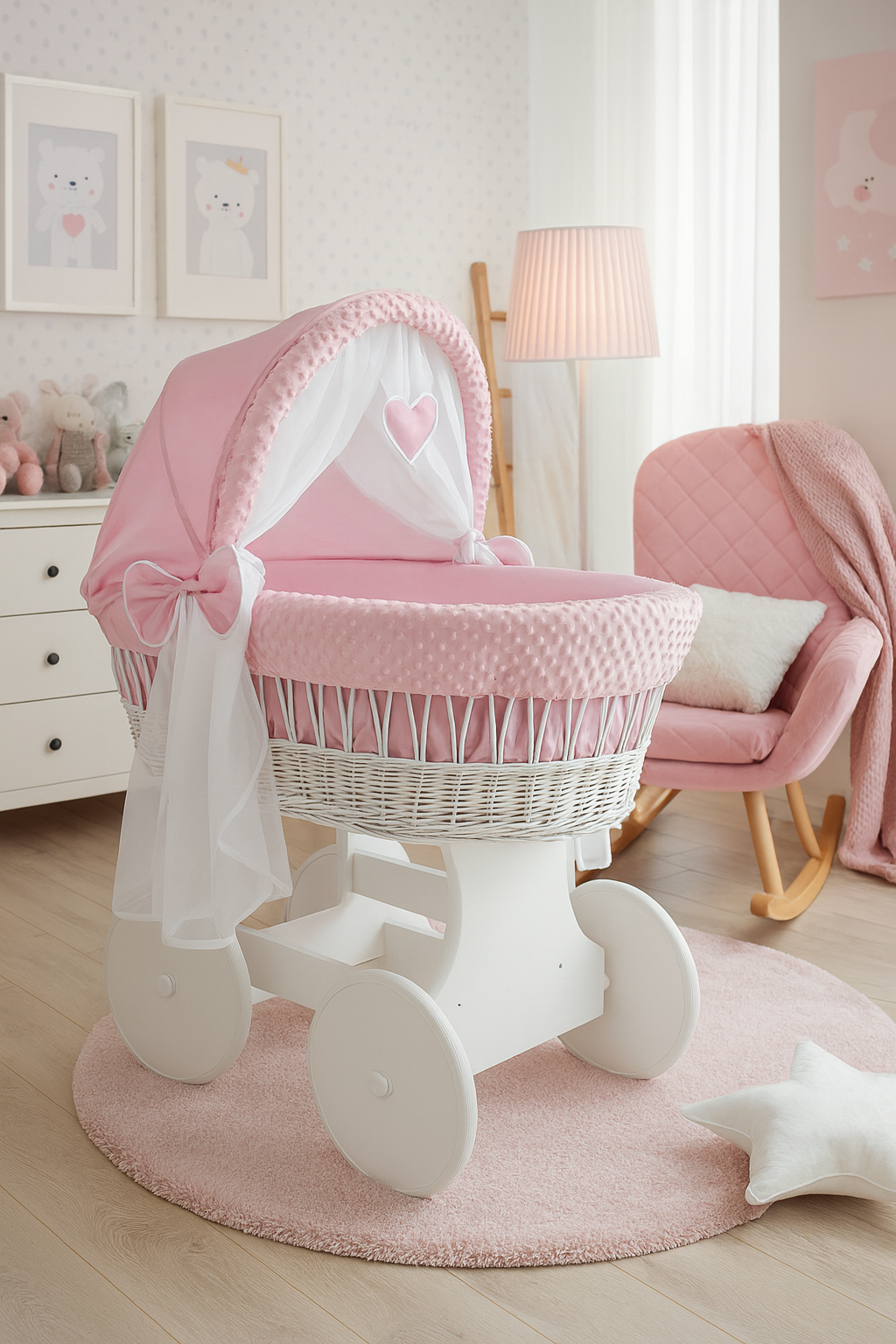 White Wicker Baby Moses Basket Wheels Pink Dimple Bedding - MyHappy Baby