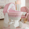 White Wicker Baby Moses Basket Wheels Pink Dimple Bedding