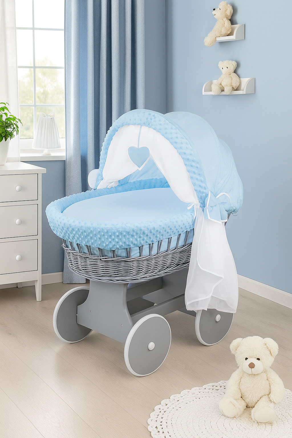 Grey Wicker Baby Moses Basket + Blue Dimple Bedding - MyHappy Baby