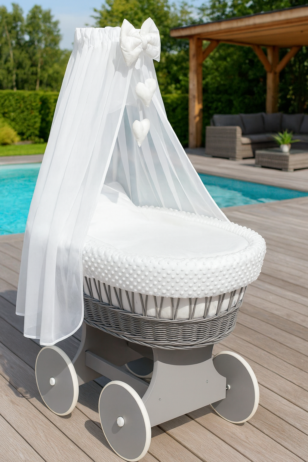 Grey Wicker Wheels Moses Basket Baby+Full Bedding Set White dimple